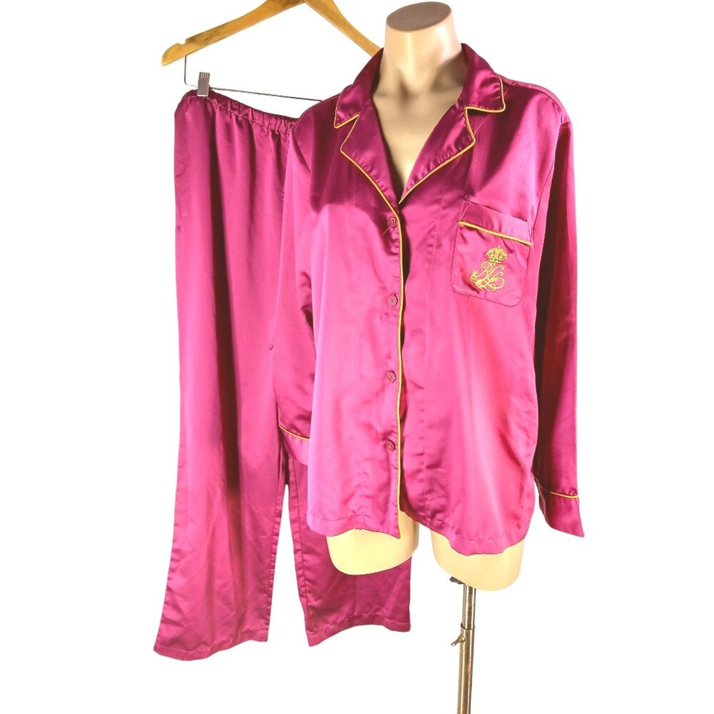 Lauren RLL Womens Crest Wine Red Pajamas Size L Gold Embroidered Monogram Glam